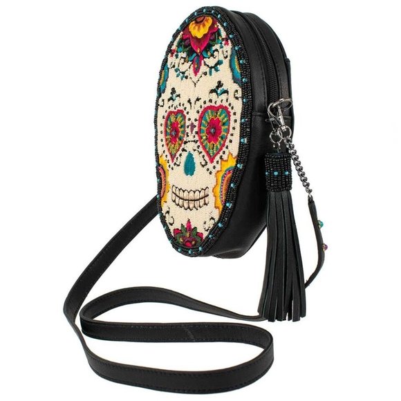 Mary Frances Sweet Calavera Sugar Skull Handbag Black Bead Purse Leather Bag New - Picture 3 of 6
